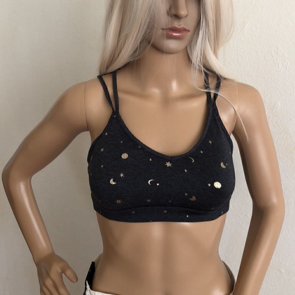 Strappy Gray Bra Fairy, Celestial Goth Gold Moon and Stars Embellishments S